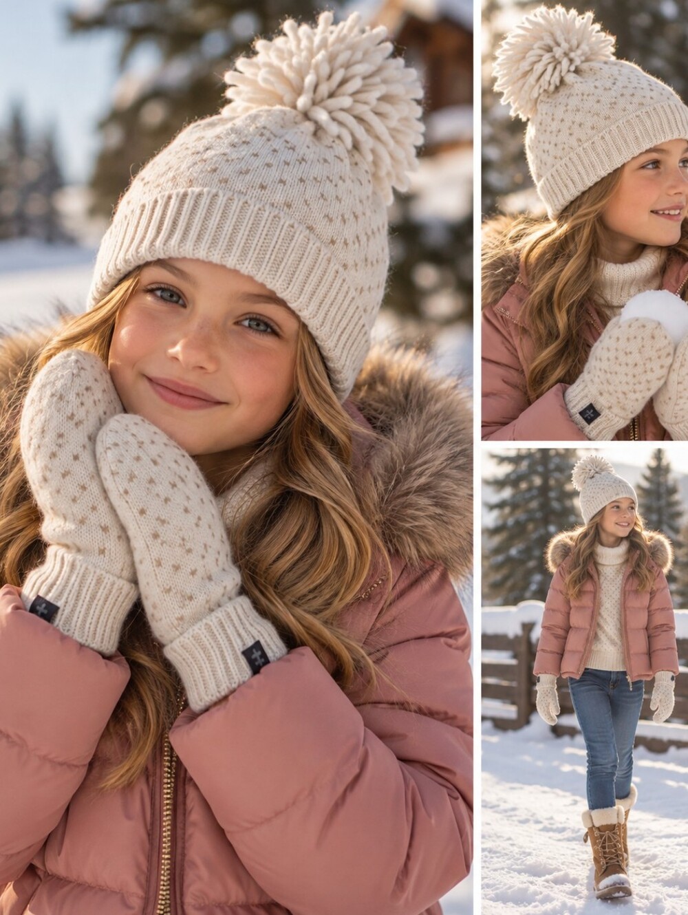 Hot Paws Kids Cream Pom Pom Beanie and Mittens Set
